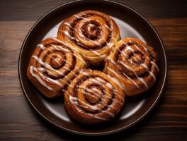 AI generated Freshly baked cinnamon rolls on rustic kitchen photo