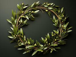 AI generated Nature wreath with green leaves and olives on black background photo