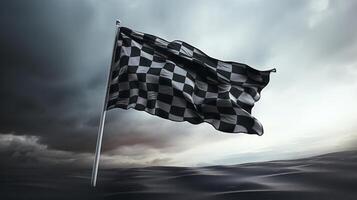 AI generated Race flag waving in the wind over asphalt road with cloudy sky background photo