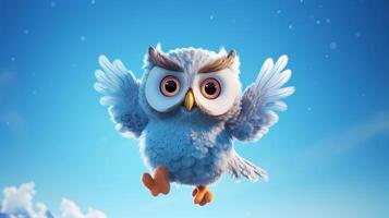 AI generated Flying cute little owl character on blue sky background. photo