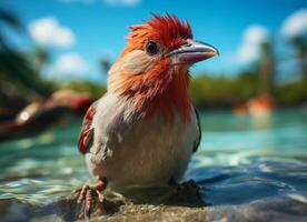 rojo con membrete cardenal pájaro en el apuntalar de el Mediterráneo mar foto