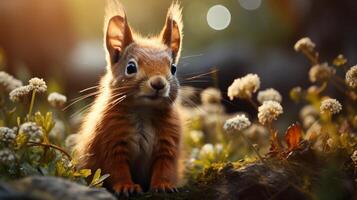 Red squirrel sitting on a log in the forest photo