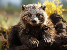 Wolverine in its habitat close up portrait photo