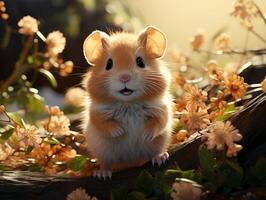 AI generated Hamster sits on a branch in the grass in a meadow photo