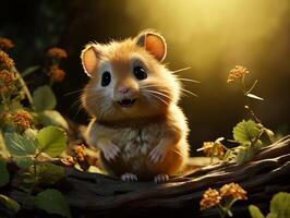 AI generated Hamster sits on a branch in the grass in a meadow photo