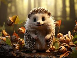 AI generated Cute hedgehog in the forest on a background of autumn leaves photo