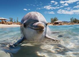 AI generated Dolphin swims in the sea with splashes of water. photo