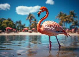 AI generated Pink flamingo standing in the water on a beautiful tropical beach. photo