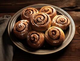 AI generated Freshly baked cinnamon rolls on rustic kitchen photo