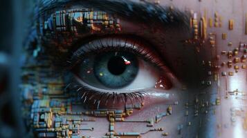 AI generated Artificial intelligence concept. Close up of human eye with circuit board. photo