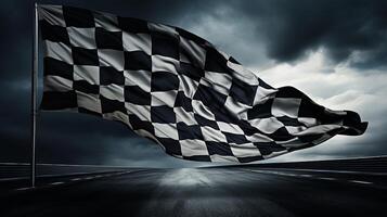 ai generado carrera bandera ondulación en el viento terminado asfalto la carretera con nublado cielo antecedentes foto