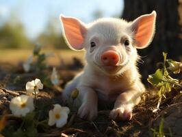 pequeño cerdito en el césped en un antecedentes de el azul cielo foto