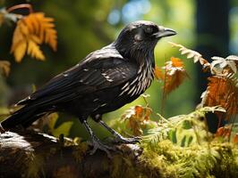 Raven perched on a branch in the forest photo