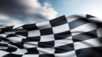 AI generated Race flag waving in the wind over asphalt road with cloudy sky background photo