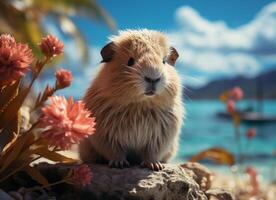 AI generated Hamster on the beach with flowers and blue sky in background. photo