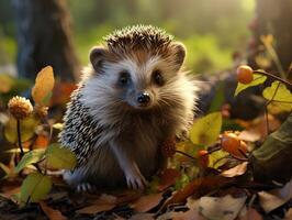 AI generated Cute hedgehog in the forest on a background of autumn leaves photo