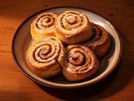 AI generated Freshly baked cinnamon rolls on rustic kitchen photo