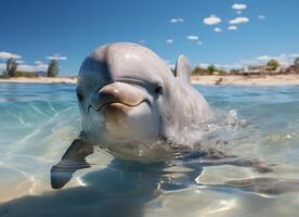 ai generado delfín nada en el mar con salpicaduras de agua. foto