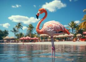 AI generated Pink flamingo standing in the water on a beautiful tropical beach. photo