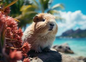 Hamster on the beach with flowers and blue sky in background. photo