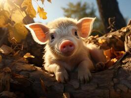 Little piglet in the grass on a background of the blue sky photo