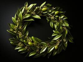 AI generated Nature wreath with green leaves and olives on black background photo