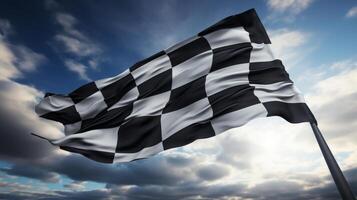 AI generated Race flag waving in the wind over asphalt road with cloudy sky background photo