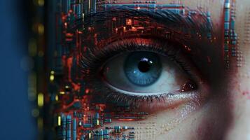 AI generated Artificial intelligence concept. Close up of human eye with circuit board. photo