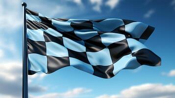 AI generated Race flag waving in the wind over asphalt road with cloudy sky background photo