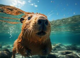 AI generated Portrait of capybara swimming in tropical sea photo