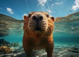 AI generated Portrait of capybara swimming in tropical sea photo