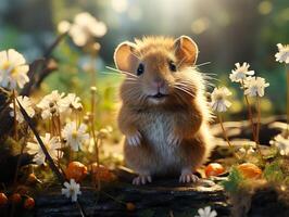 AI generated Hamster sits on a branch in the grass in a meadow photo