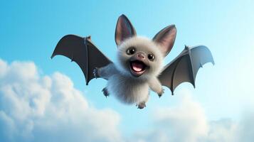 AI generated Flying cute bat character on blue sky background. photo