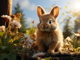 Cute little rabbit sitting in the grass on a sunny day. photo