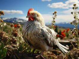 AI generated Chicken in the meadow on a background of wildflowers photo