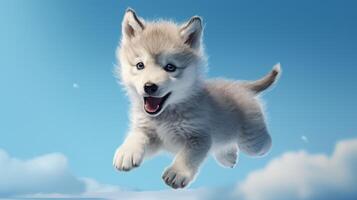 AI generated Flying cute little wolf character on blue sky background. photo