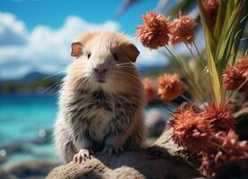 Hamster on the beach with flowers and blue sky in background. photo