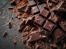 AI generated Pieces of dark chocolate on table closeup Food background photo