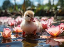 ai generado pequeño anadón nadando en un lago con rosado agua lirios foto