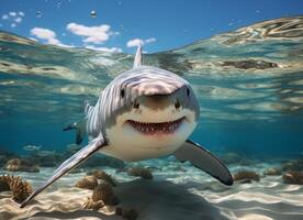 ai generado tiburón nada en el mar con salpicaduras de agua. foto