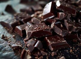 ai generado piezas de oscuro chocolate en mesa de cerca comida antecedentes foto