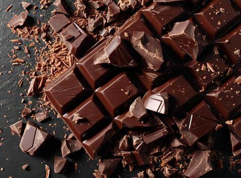 AI generated Pieces of dark chocolate on table closeup Food background photo