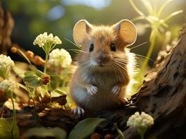 AI generated Little mouse in the autumn forest. photo