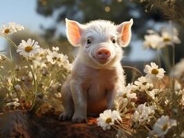 pequeño cerdito en el césped en un antecedentes de el azul cielo foto