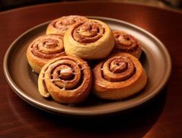 AI generated Freshly baked cinnamon rolls on rustic kitchen photo