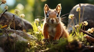 AI generated Red squirrel sitting on a log in the forest photo