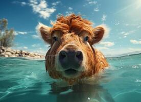 Cute red cow swimming in the sea water with blue sky background photo