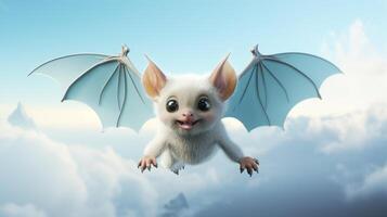 AI generated Flying cute bat character on blue sky background. photo