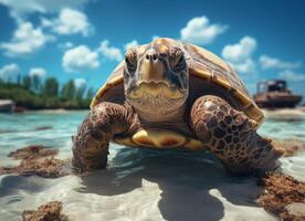 AI generated Flying cute little Turtle character on blue sky background. photo