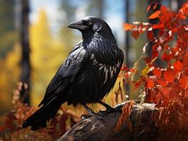 Raven perched on a branch in the forest photo